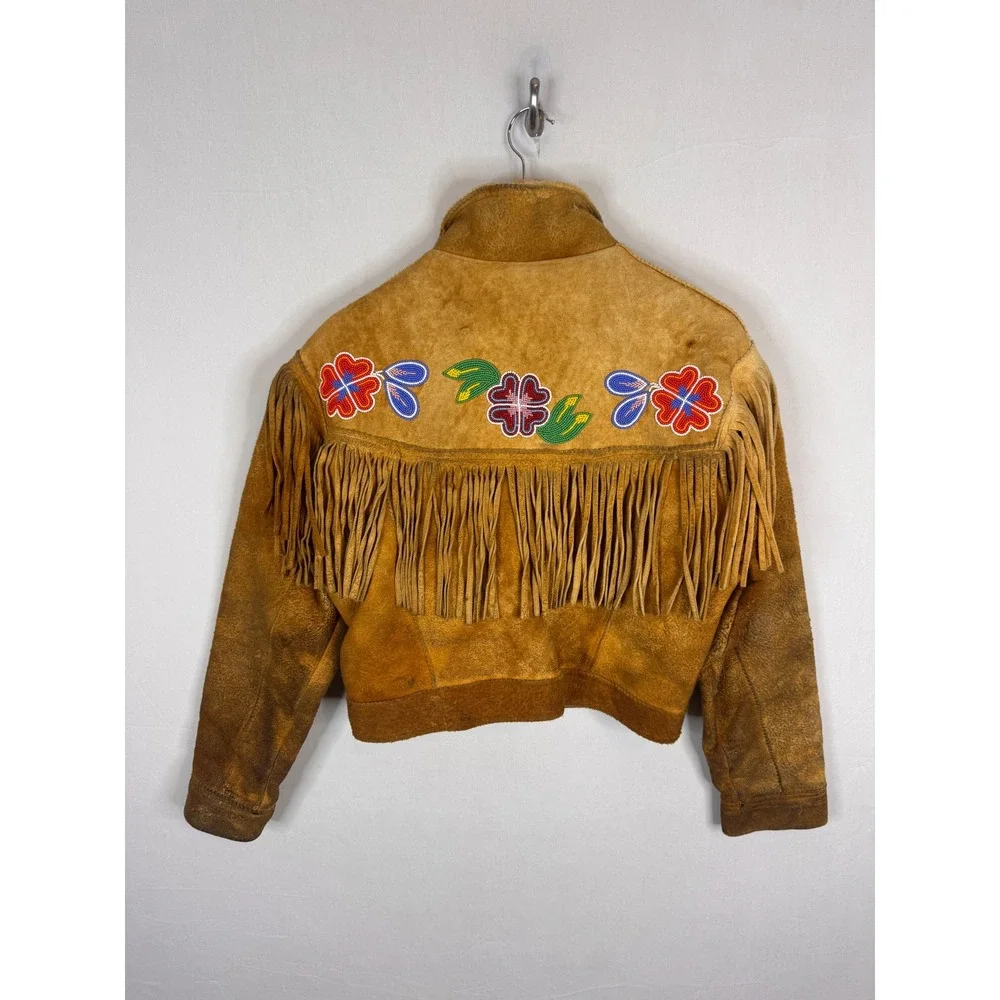 Vintage Buckskin Western Beaded Fringe Jacket Leather Floral Native Crop Women S - Picture 6 of 16